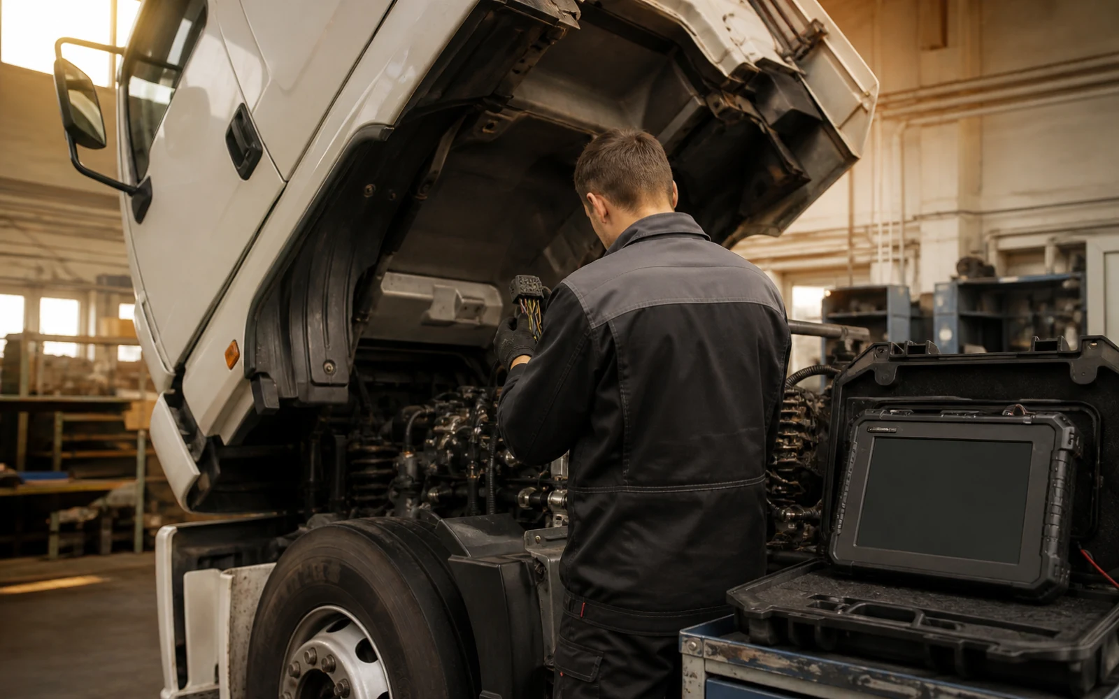 Диагност читает коды ошибок Mercedes Actros ноутбуком со сканером в кабине грузовика